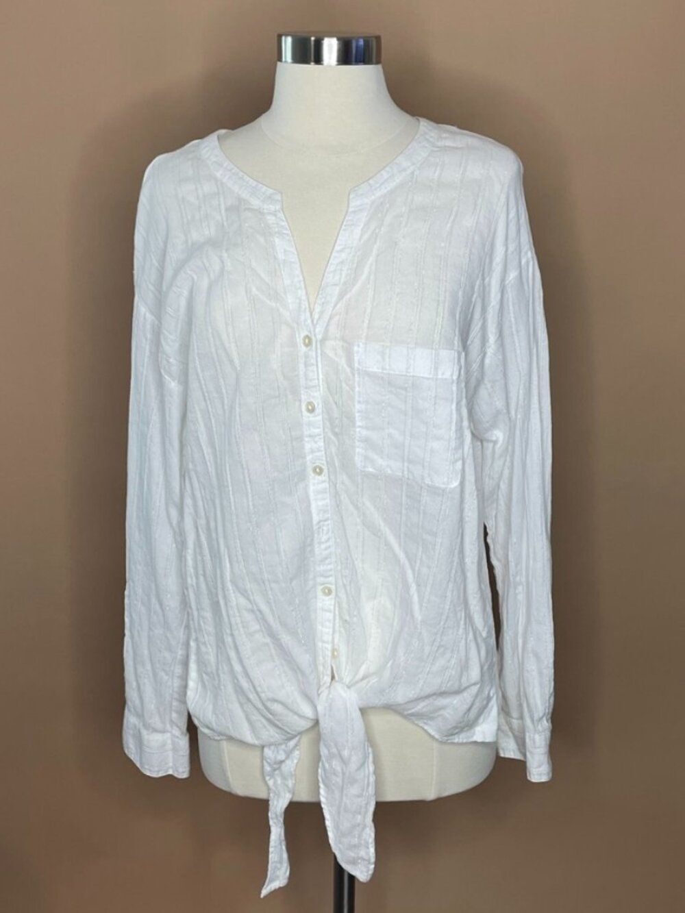 Charter Club White Tie Front Button Blouse Boho Top XL